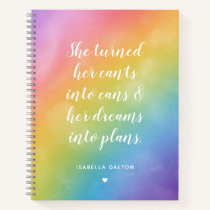 Dreams Into Plans Watercolor Rainbow Custom Name Notebook