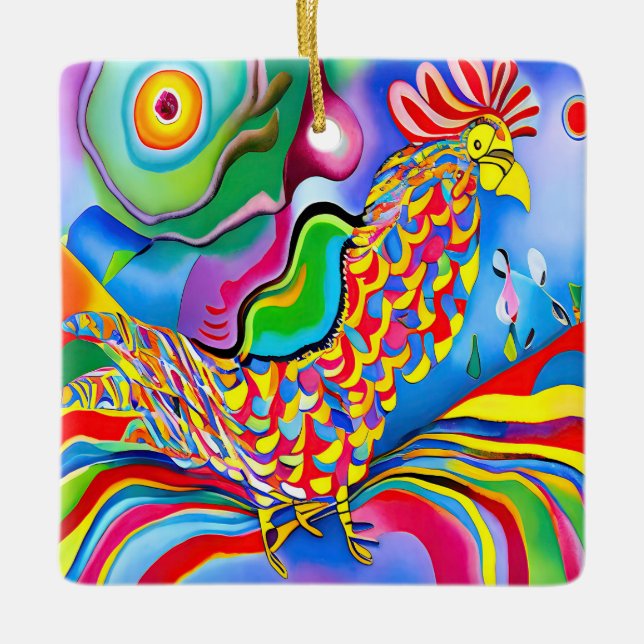 "Dreamscape Bird". A SQ surreal abstract cockerel  Ceramic Ornament (Front)