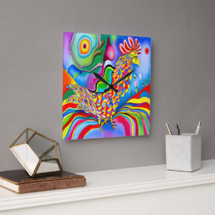 "Dreamscape Bird". A SQ surreal abstract cockerel Square Wall Clock