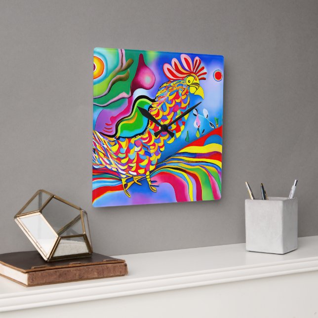 "Dreamscape Bird". A surreal abstract cockerel Square Wall Clock (Office)