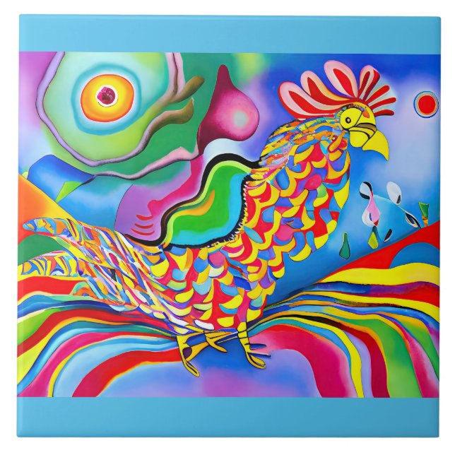 "Dreamscape Bird". A surreal abstract cockerel Tile (Front)