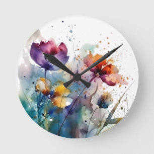 Dreamscape Garden: Abstract Watercolor Flowers Round Clock