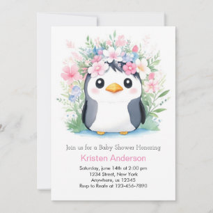 Dreamscape Watercolor Girl Penguin Baby Shower Invitation