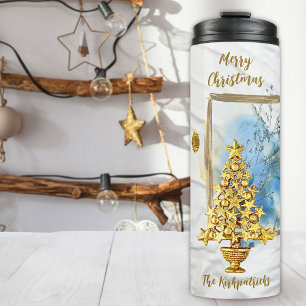 Dreamy 6 Photo Collage Blue & Gold Christmas Tree Thermal Tumbler