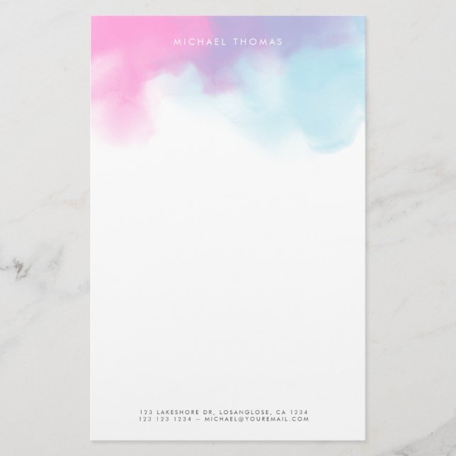 Dreamy Abstract Watercolor Clouds in Blue and Pink Stationery (Front)