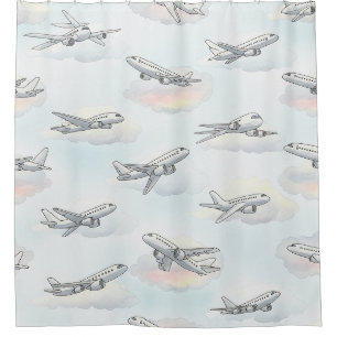 Dreamy Aeroplane Sky Travel Pattern (1) Shower Curtain