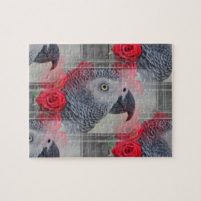 Dreamy African Grey with Red Roses Jigsaw Puzzle (Horizontal)