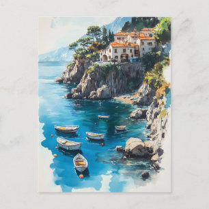 Dreamy Amalfi Coast: Watercolor Painting Design Postcard