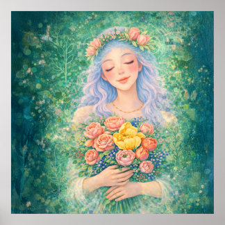 Dreamy Angel with Flowers – Soft Green Fantasy Art Poster