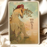 Dreamy Art Nouveau Wedding Menu Card<br><div class="desc">This exquisite Art Nouveau wedding menu card brings a serene, nature-inspired charm to your wedding. The design features a tranquil woman adorned with a crown of red blossoms, sitting peacefully by the water’s edge with flowing branches and soft foliage around her. The soothing colour palette of soft blues, warm beiges,...</div>