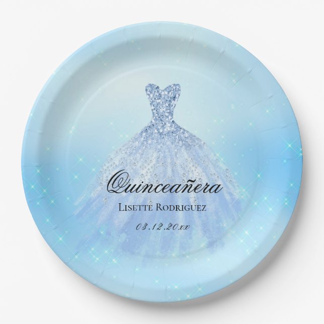 Dreamy Baby Blue Quinceanera Custom Paper Plate (Front)