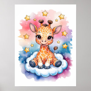  Dreamy Baby Giraffe on a Cloud - Watercolor  Poster