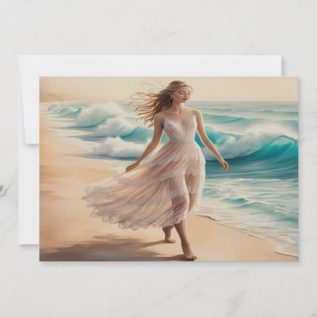 Dreamy Beach Lady In Sundress Breezy Watercolor   Holiday Card (Front)
