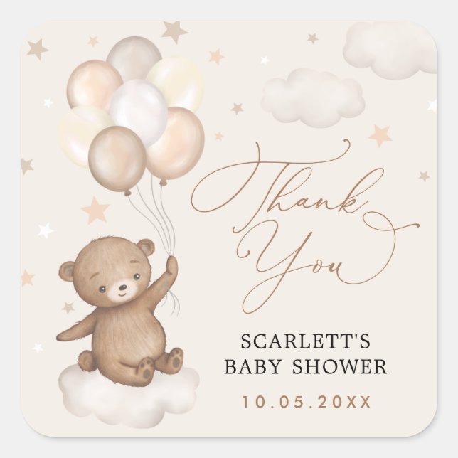 Dreamy Bear & Balloons Baby Shower Thank You Square Sticker (Front)