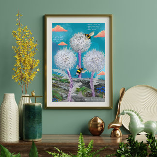 Dreamy Bees & Dandelions Mixed-Media Botanical Art Poster
