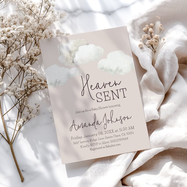 Dreamy Beige Heaven Sent Baby Shower Invitation (Creator Uploaded)