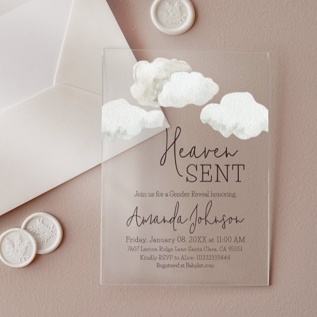 Dreamy Beige Heaven Sent Gender Reveal Acrylic Invitations (Creator Uploaded)