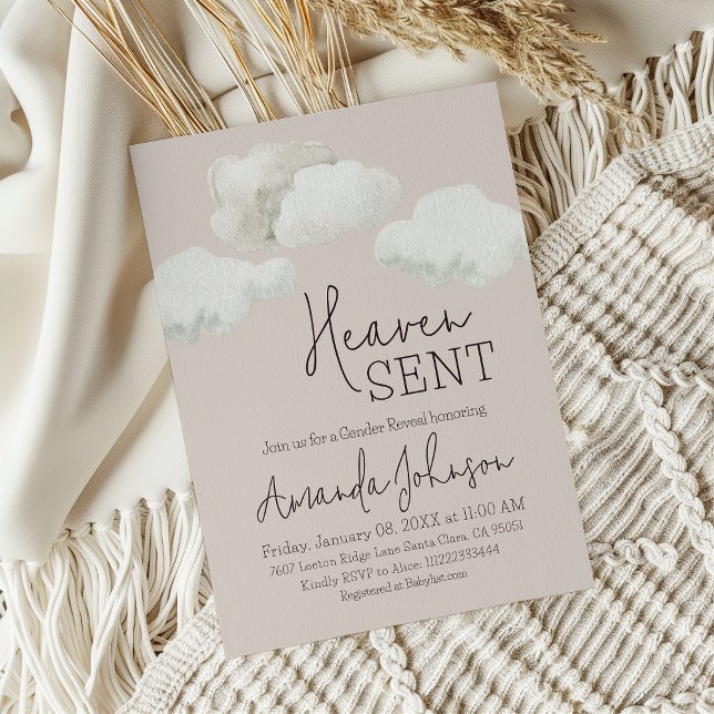Dreamy Beige Heaven Sent Gender Reveal Invitation (Creator Uploaded)