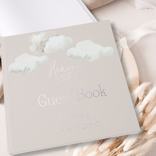 Dreamy Beige Neutral Heaven Sent Gender Reveal Guest Book (Creator Uploaded)