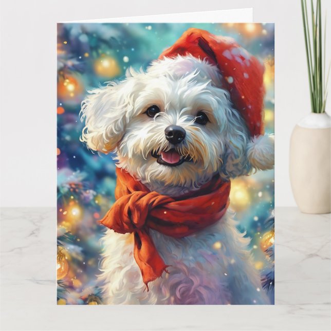 Dreamy Bichon Frisé Puppy in Santa Hat and Scarf Card (Front)