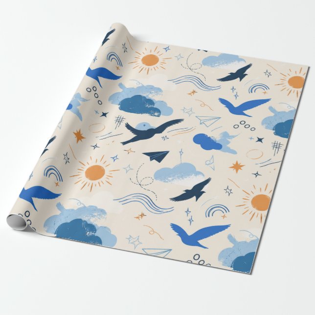 Dreamy Birds and Clouds Wrapping Paper (Unrolled)