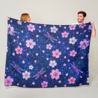 Dreamy Blossom Night With Cherry flowers and Drago Fleece Blanket