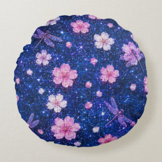 Dreamy Blossom Night With Cherry flowers and Drago Round Cushion