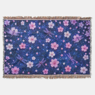 Dreamy Blossom Night With Cherry flowers and Drago Throw Blanket