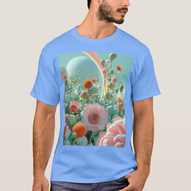 Dreamy Blossoms:Hypereal Pink Flower Field T-Shirt (Front)