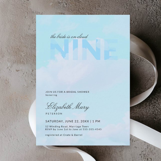 Dreamy Blue Cloud 9 Modern Elegant Bridal Shower Invitation (cloud 9 bridal shower invitation dreamy romantic pastel blue clouds sky modern calligraphy elegant)