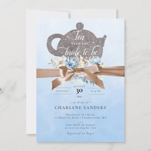 Dreamy Blue Floral and Bow Bridal Tea Invitation (Front)