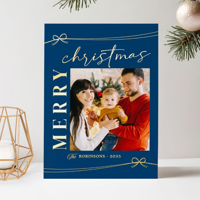 Dreamy Blue Gold Script Merry Christmas Photo (Creator Uploaded)