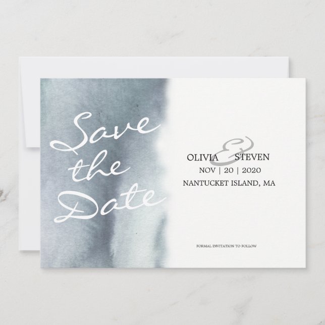 Dreamy Blue Grey Watercolor Wedding Save The Date (Front)