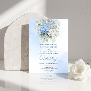 Dreamy Blue Hydrangea Gold Floral Wedding Invite