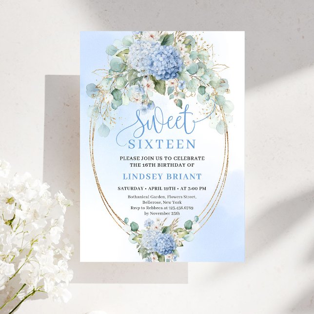 Dreamy Blue Hydrangeas Gold Sweet Sixteen Invite (Dreamy Blue Hydrangeas Gold Sweet Sixteen Invitation)