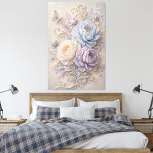 Dreamy Blue Lavender Embossed Floral Art Canvas Print