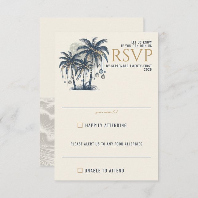 Dreamy Blue Palm Trees Wedding RSVP Card (Front/Back)