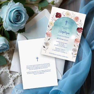 Dreamy Blue Shades Floral Frame Arch Baptisme Invitation