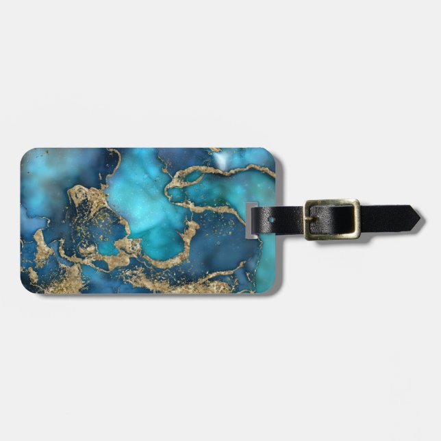 Dreamy Blue Teal and Gold Luggage Tag (Front Horizontal)