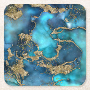 Dreamy Blue Teal and Gold Square Paper Coaster