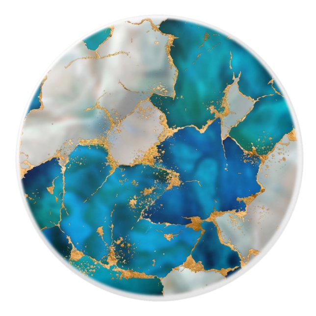 Dreamy Blue, Teal, pearl and Gold Ceramic Knob (Front)