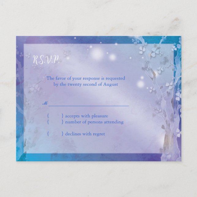 Dreamy Blue Tree Wedding RSVP Invitation Postcard (Front)
