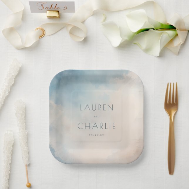 Dreamy Blue Watercolor Clouds Paper Plate (Wedding)
