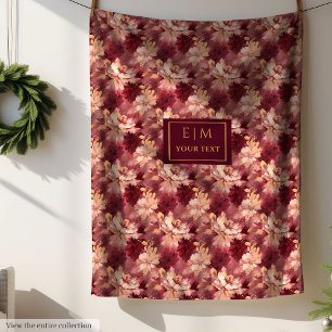 Dreamy Blush Burgundy Gold Personalized Floral  Fleece Blanket