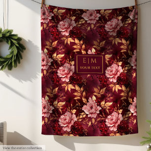 Dreamy Blush Burgundy Gold Personalized Floral Fleece Blanket