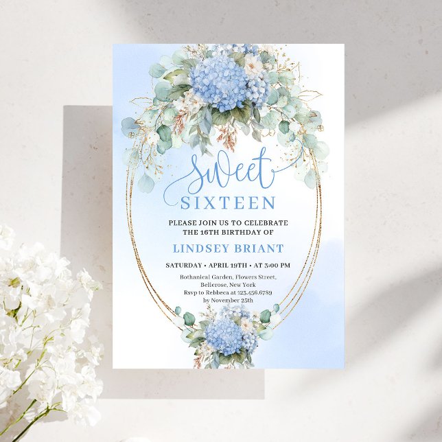 Dreamy Boho Blue Hydrangea Gold Sweet Sixteen Invitation (Dreamy Boho Blue Hydrangea Gold Sweet Sixteen)
