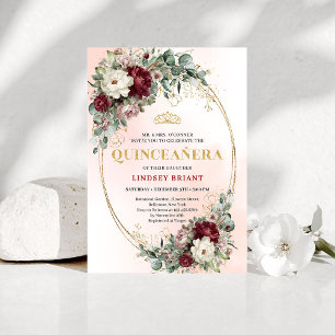 Dreamy Boho Burgundy Floral Eucalyptus Gold Quince Invitation