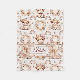Dreamy Boho Highland Cow Nursery Fleece Blanket