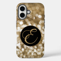 Dreamy Bokeh Gold Glitter Letter E Monogram Black