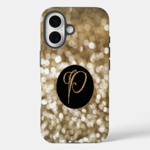 Dreamy Bokeh Gold Glitter Letter P Monogram Black  iPhone 16 Case